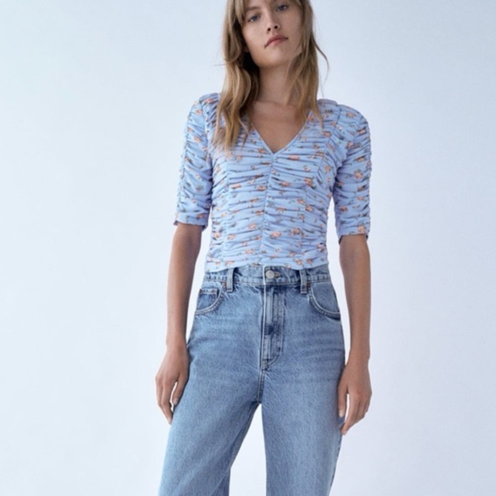 Zara Blue Ruched Top with Floral Print